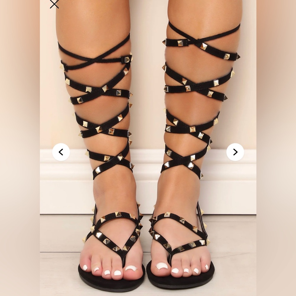 Fashion Nova Black and Gold Studded Gladiator Sandals